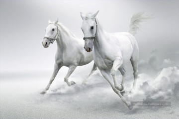 chevaux neige blanc course Peinture à l'huile